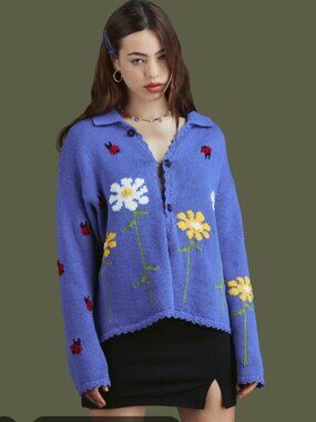 UNIF Violet Floral Button Down Cardigan Sweater Purple S (Oversized)